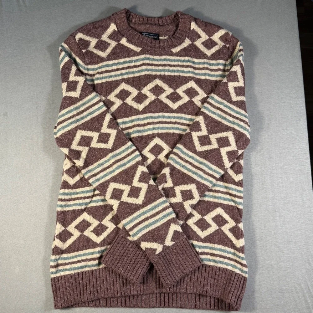 Abercrombie & Fitch Mens Small Silk Linen y2k Geometric Crewneck Sweater Purple